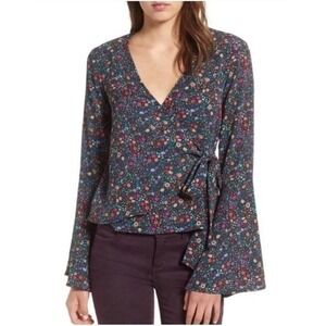 Chloe & Katie‎ Floral Print Multicolor Wrap V-Neck Bell Sleeve Boho Top Small